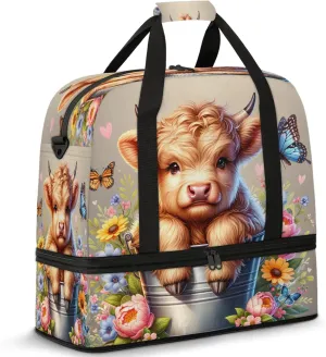 Highland Cow Flower Animal Travel Duffel Bags for Women & Men Large Sports Gym Bags Foldie Weekender Overnight Bag Carry On Tote Bag With Shoe Compartment Personal Item Luggage for Travel Sports Gym