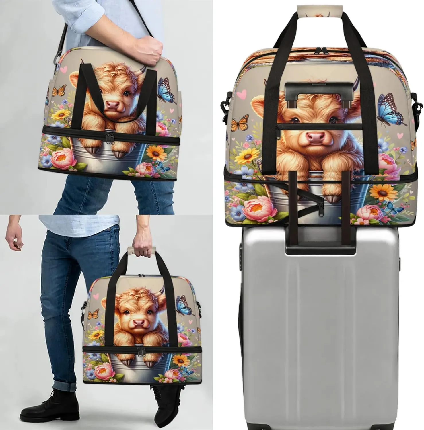 Highland Cow Flower Animal Travel Duffel Bags for Women & Men Large Sports Gym Bags Foldie Weekender Overnight Bag Carry On Tote Bag With Shoe Compartment Personal Item Luggage for Travel Sports Gym