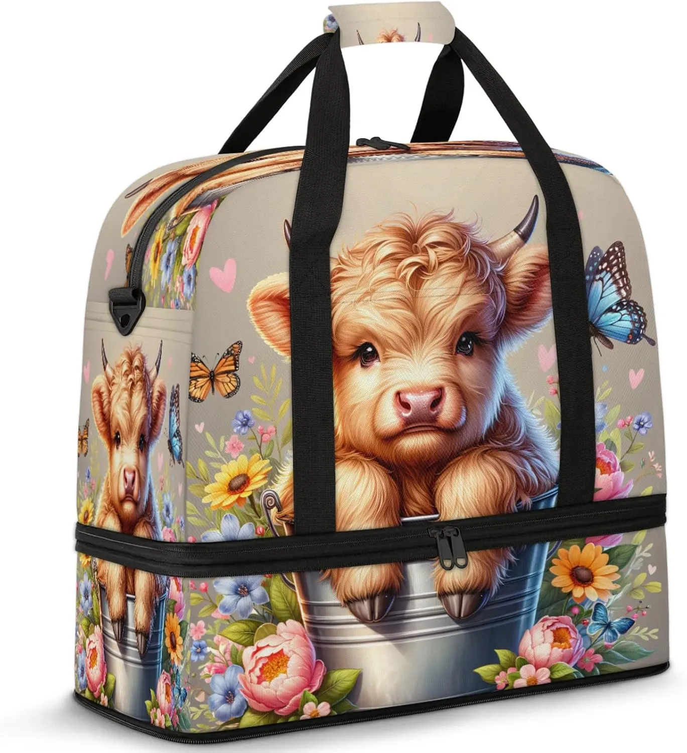 Highland Cow Flower Animal Travel Duffel Bags for Women & Men Large Sports Gym Bags Foldie Weekender Overnight Bag Carry On Tote Bag With Shoe Compartment Personal Item Luggage for Travel Sports Gym