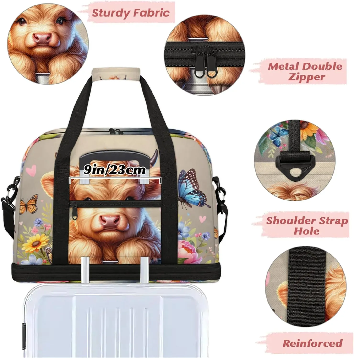 Highland Cow Flower Animal Travel Duffel Bags for Women & Men Large Sports Gym Bags Foldie Weekender Overnight Bag Carry On Tote Bag With Shoe Compartment Personal Item Luggage for Travel Sports Gym
