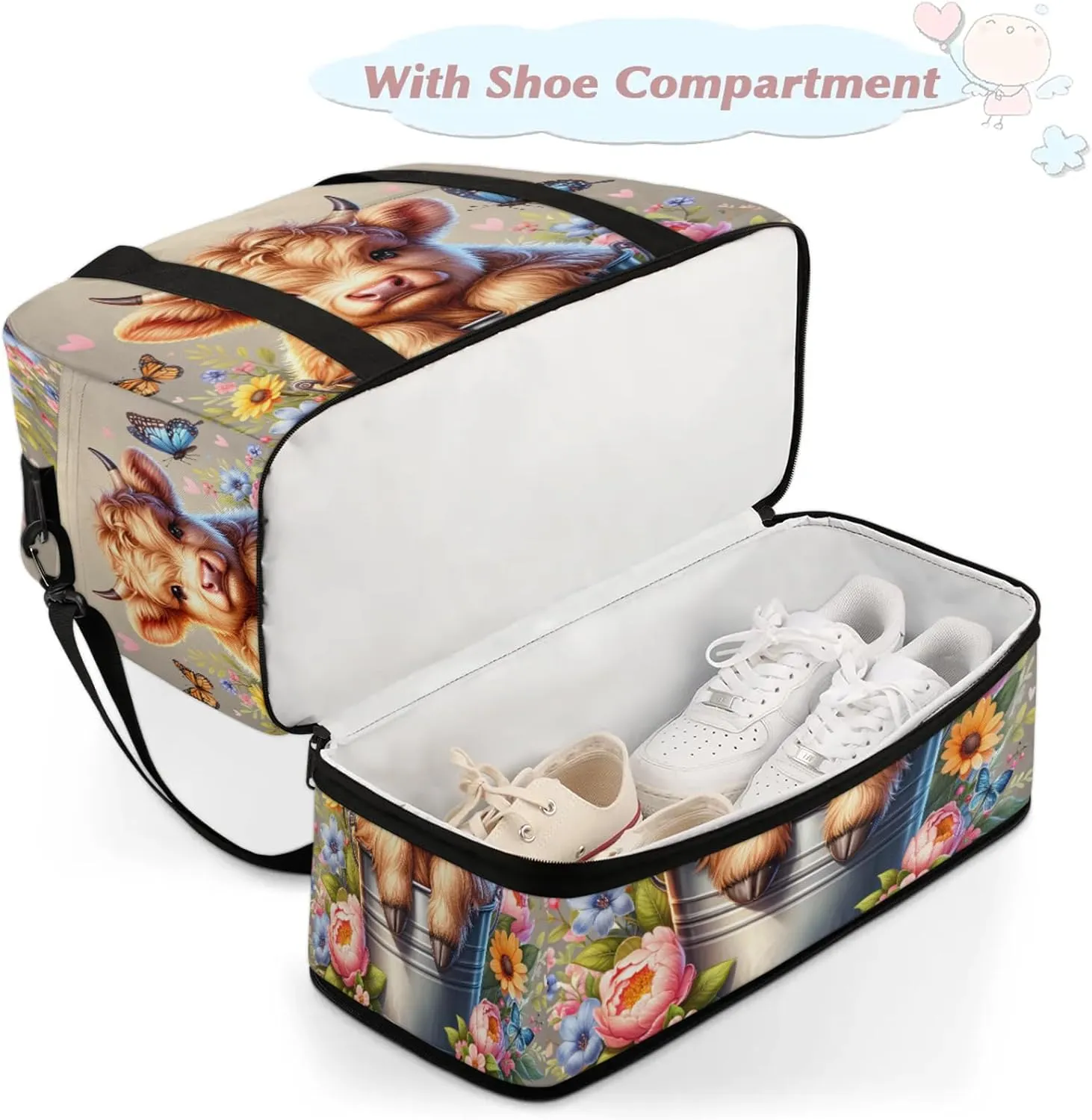 Highland Cow Flower Animal Travel Duffel Bags for Women & Men Large Sports Gym Bags Foldie Weekender Overnight Bag Carry On Tote Bag With Shoe Compartment Personal Item Luggage for Travel Sports Gym