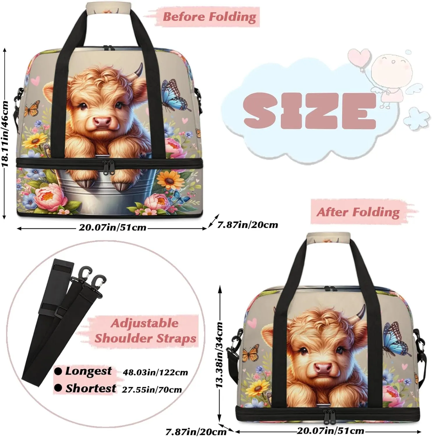 Highland Cow Flower Animal Travel Duffel Bags for Women & Men Large Sports Gym Bags Foldie Weekender Overnight Bag Carry On Tote Bag With Shoe Compartment Personal Item Luggage for Travel Sports Gym