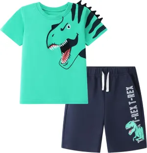 HILEELANG Toddler Boy Summer Short Clothes Sets Cotton Crewneck Tees Shorts Pocket Adjustable Knite Shorts Playwear Sets