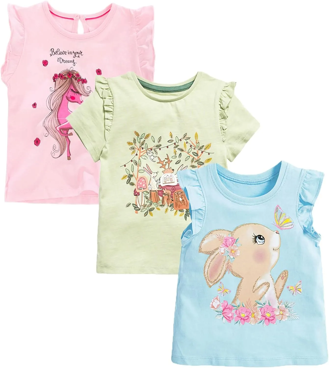 HILEELNAG Girls' Tees Short Sleeve Cotton Casual Graphic T-Shirts Easter Summer Tops 3Packs