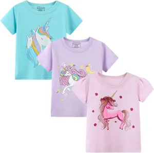 HILEELNAG Girls' Tees Short Sleeve Cotton Casual Graphic T-Shirts Easter Summer Tops 3Packs