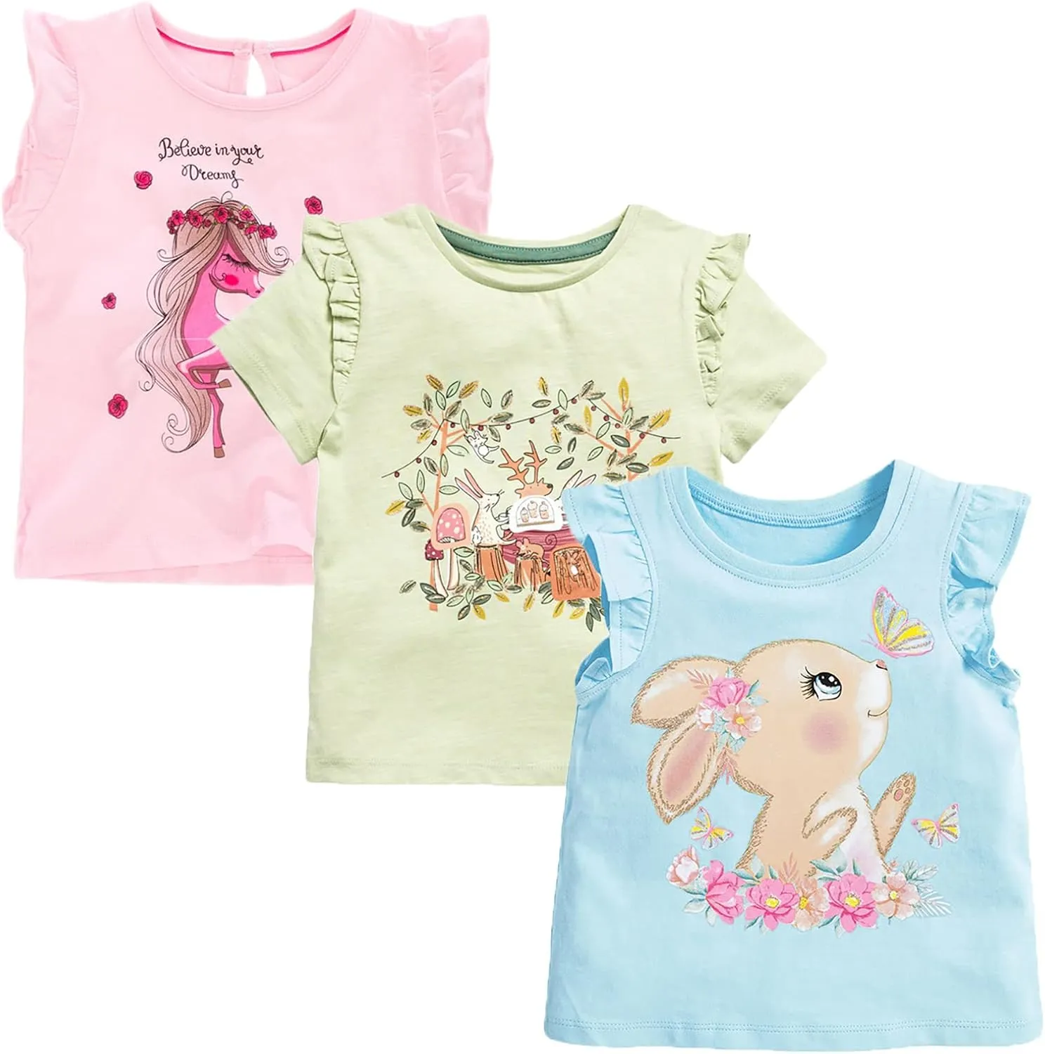 HILEELNAG Girls' Tees Short Sleeve Cotton Casual Graphic T-Shirts Easter Summer Tops 3Packs