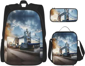Historic Old Tower Bridge London Print Stylish Travel Backpack And Lunch Box Set,600d Oxford Fabric,With Insulated Lunch Bag