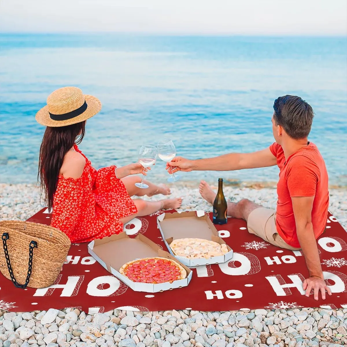 HO Patterns Beach Blanket, Sandproof Beach Mat, 68 x 59 Waterproof Quick Drying Sand Free Mat with 4 x Ground Spikes for Outdoor Travel Camping Hiking, Snowflake