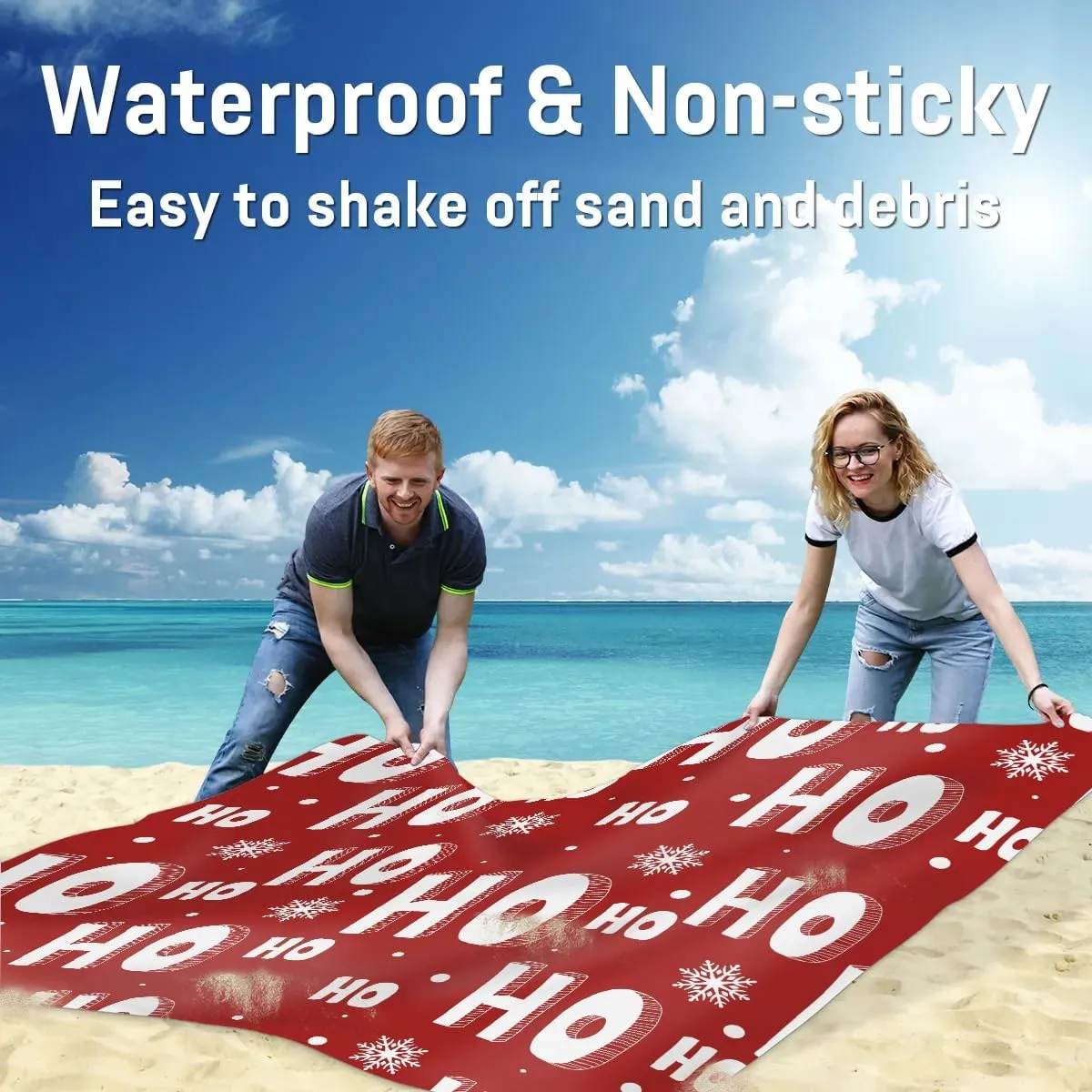 HO Patterns Beach Blanket, Sandproof Beach Mat, 68 x 59 Waterproof Quick Drying Sand Free Mat with 4 x Ground Spikes for Outdoor Travel Camping Hiking, Snowflake