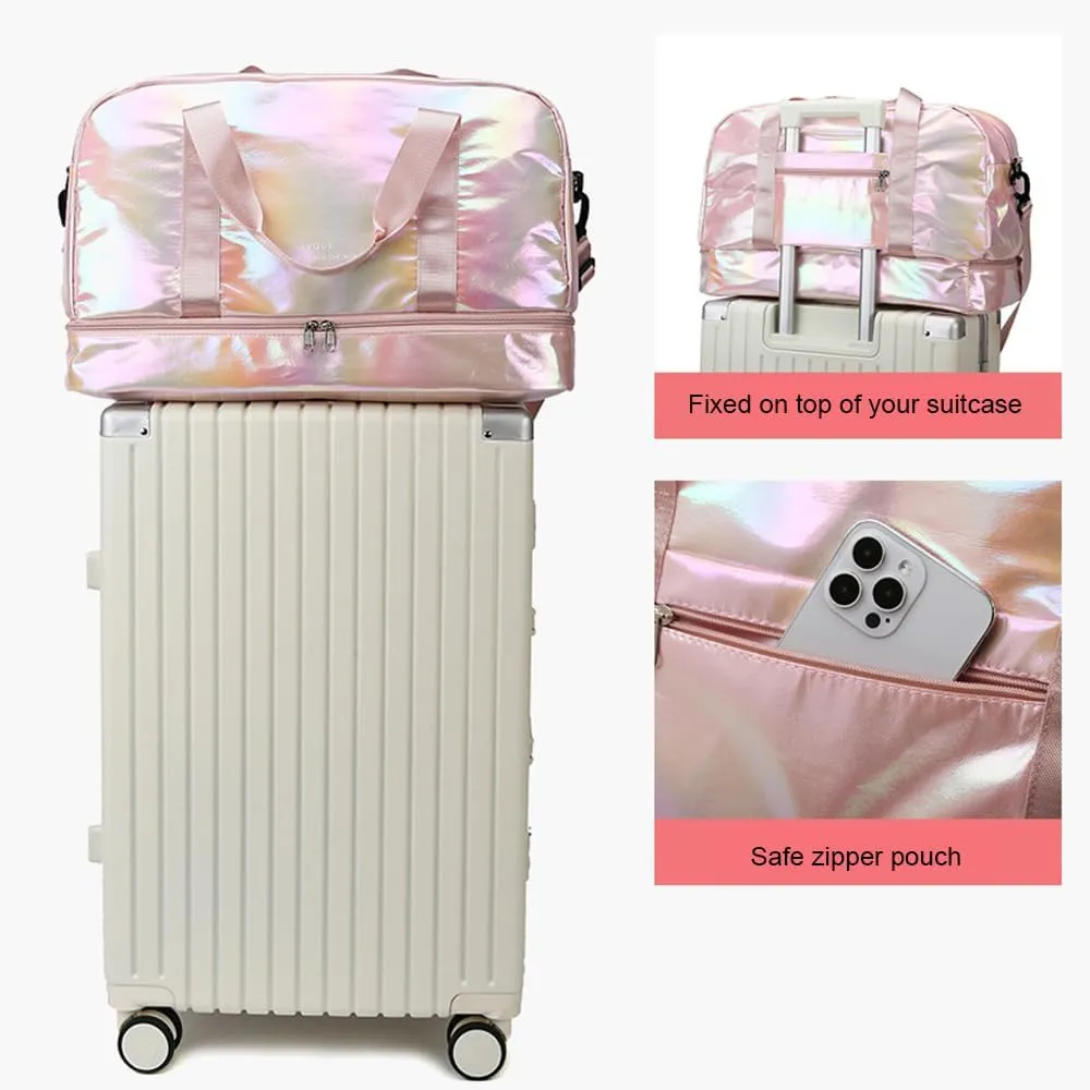 Holographic Shimmering Gym Duffle Bag with Shoes Compartment & Wet Pocket, Women Weekend Overnight Travel Bag Gymnastic Dance Bag for Girl (colorful)