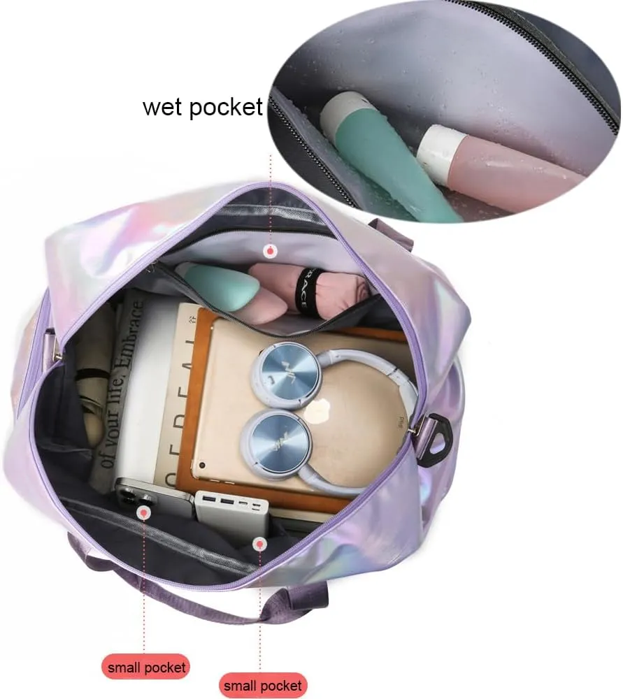 Holographic Shimmering Gym Duffle Bag with Shoes Compartment & Wet Pocket, Women Weekend Overnight Travel Bag Gymnastic Dance Bag for Girl (colorful)