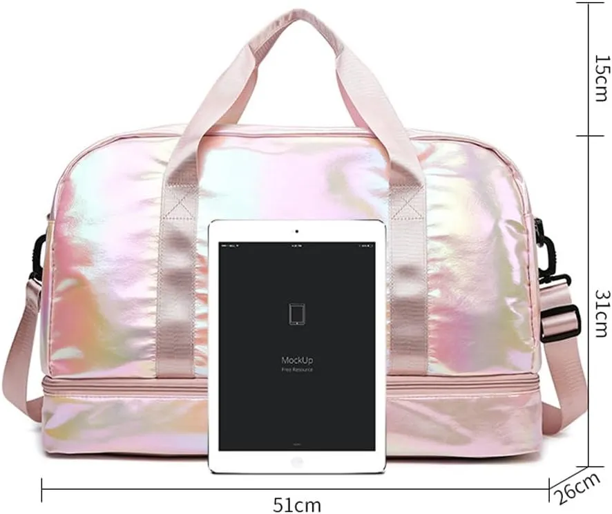 Holographic Shimmering Gym Duffle Bag with Shoes Compartment & Wet Pocket, Women Weekend Overnight Travel Bag Gymnastic Dance Bag for Girl (colorful)