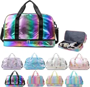 Holographic Shimmering Gym Duffle Bag with Shoes Compartment & Wet Pocket, Women Weekend Overnight Travel Bag Gymnastic Dance Bag for Girl (colorful)