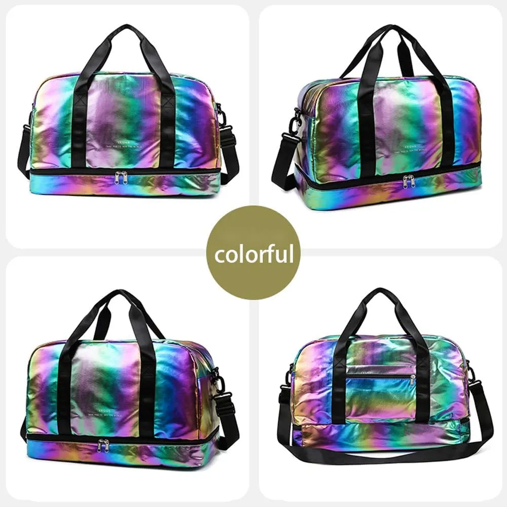 Holographic Shimmering Gym Duffle Bag with Shoes Compartment & Wet Pocket, Women Weekend Overnight Travel Bag Gymnastic Dance Bag for Girl (colorful)