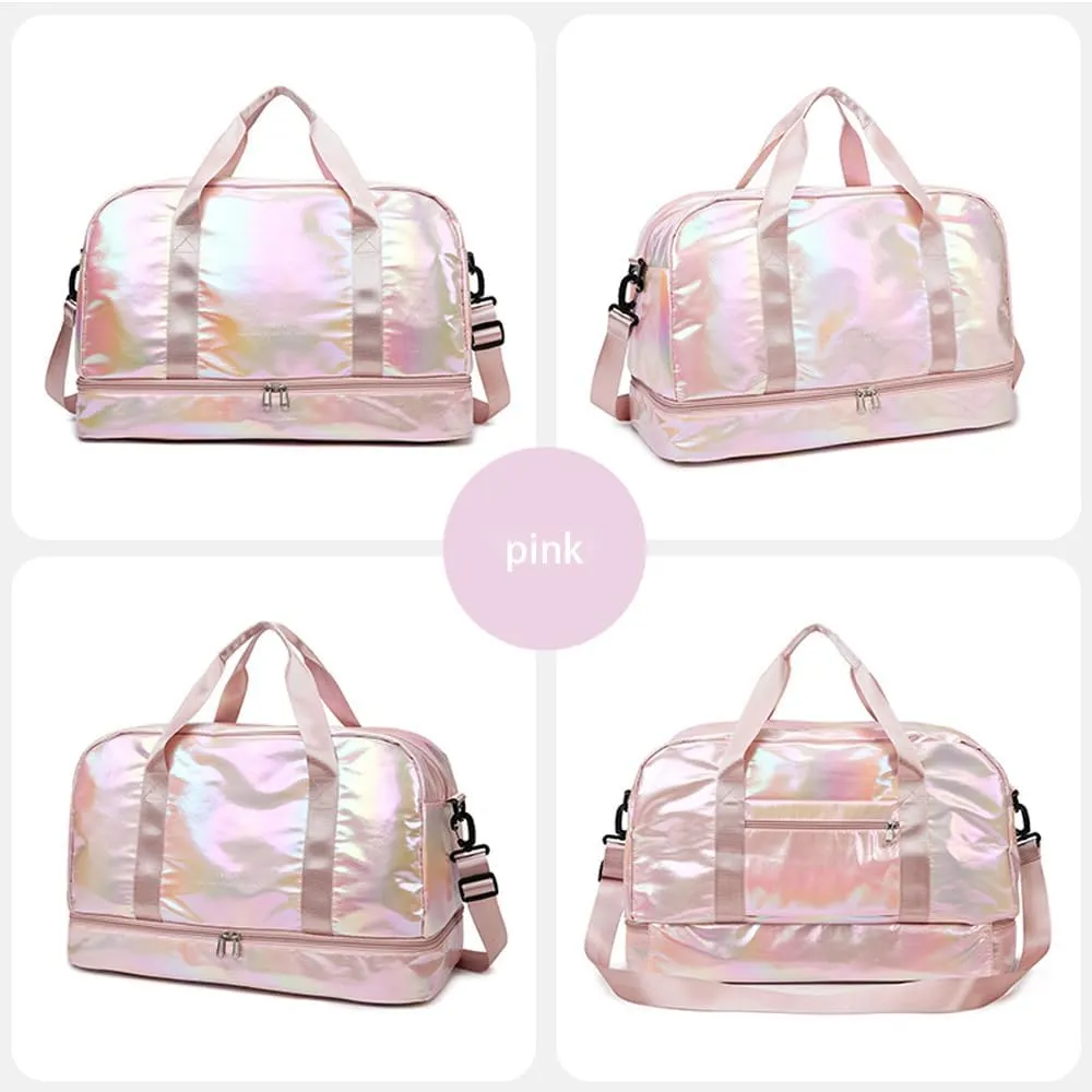 Holographic Shimmering Gym Duffle Bag with Shoes Compartment & Wet Pocket, Women Weekend Overnight Travel Bag Gymnastic Dance Bag for Girl (pink)