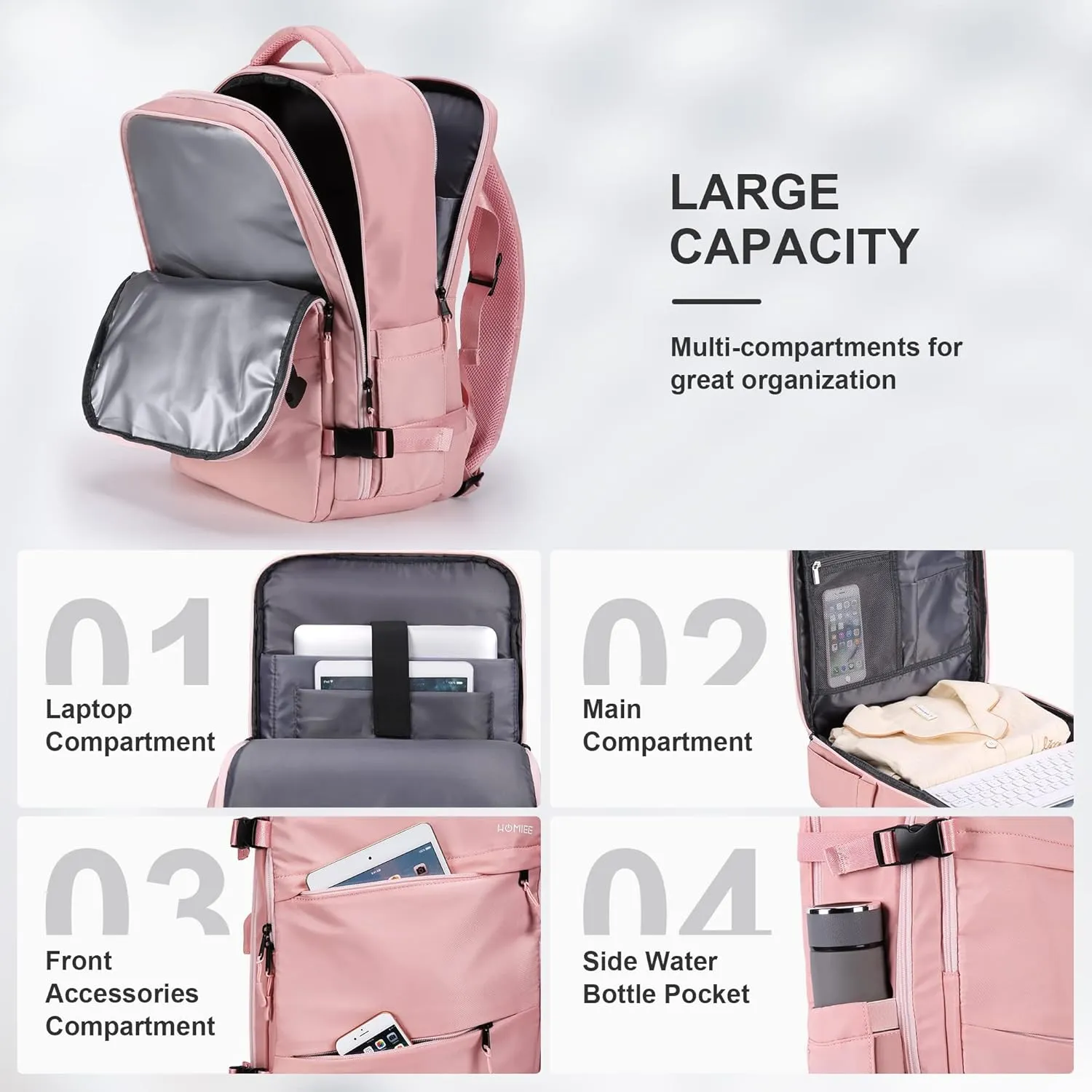 HOMIEE Travel Backpack for Women Airline Approved, 15.6 Inch Laptop Backpack Personal Item Size, Lightweight Carry On Nurse Bag, Pink