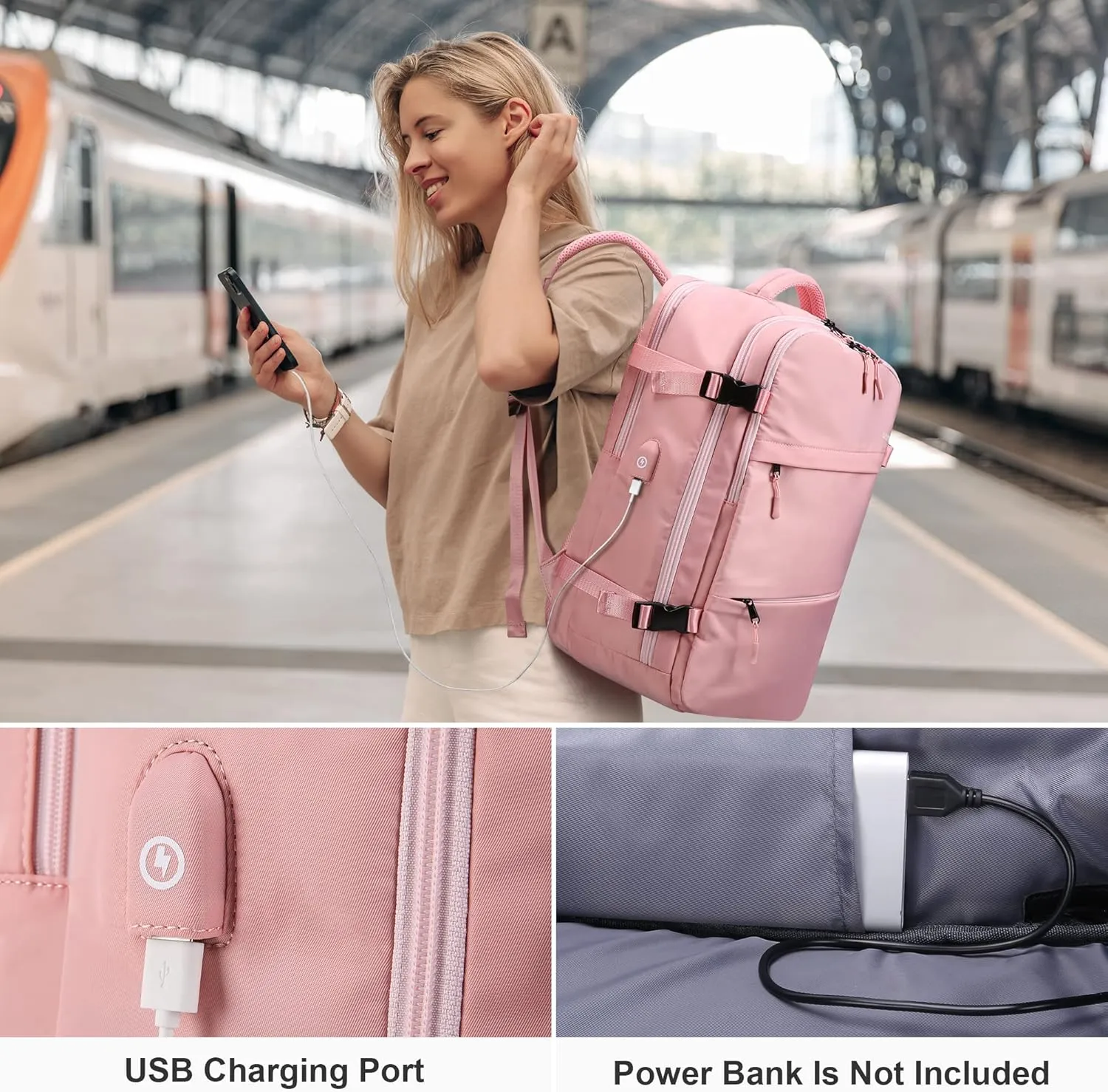 HOMIEE Travel Backpack for Women Airline Approved, 15.6 Inch Laptop Backpack Personal Item Size, Lightweight Carry On Nurse Bag, Pink