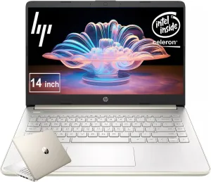 HP 14 Inch Laptop, Intel Celeron Dual-core Processor, 32GB RAM, 64GB Storage, Windows 10 Home, Pale Gold and Natural Silver, 11 Hours Battery Life, Thin and Light, Fast Charge