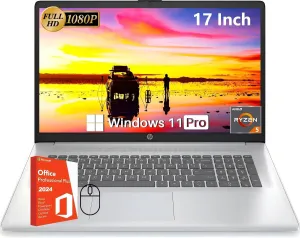 HP 17 inch Laptop, Office 2024 Lifetime License, 17.3" Full HD IPS Display, AMD Ryzen 5 7430U, AMD Radeon Graphics, 32 GB RAM, 1 TB SSD, Wi-Fi 6, Copilot AI, Webcam, Windows 11 Pro, w/Accessories