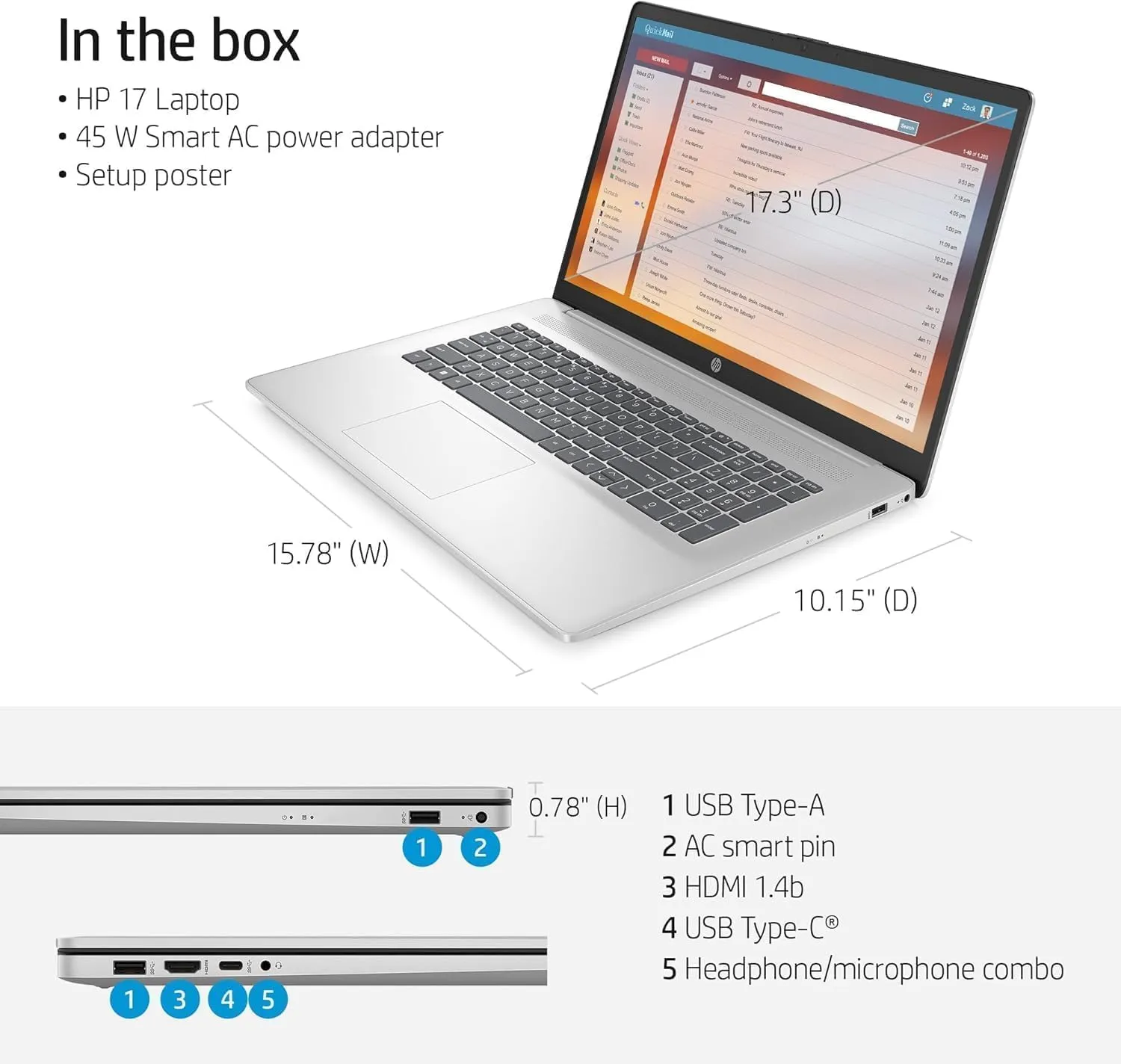 HP 17 inch Laptop, Office 2024 Lifetime License, 17.3" Full HD IPS Display, AMD Ryzen 5 7430U, AMD Radeon Graphics, 32 GB RAM, 1 TB SSD, Wi-Fi 6, Copilot AI, Webcam, Windows 11 Pro, w/Accessories