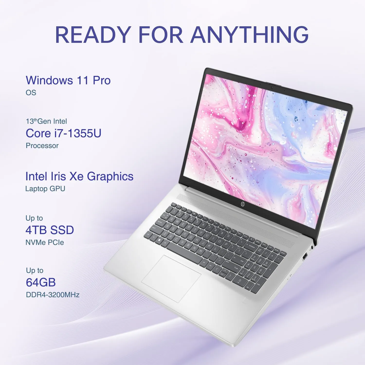 HP 17t Performance Business Laptop, 17.3" FHD, Intel Core i7-1355U, 32GB RAM, 2TB SSD, Fingerprint Reader, HDMI, SuperSpeed USB, Wi-Fi 6, Backlit Keyboard, Windows 11 Pro, Silver