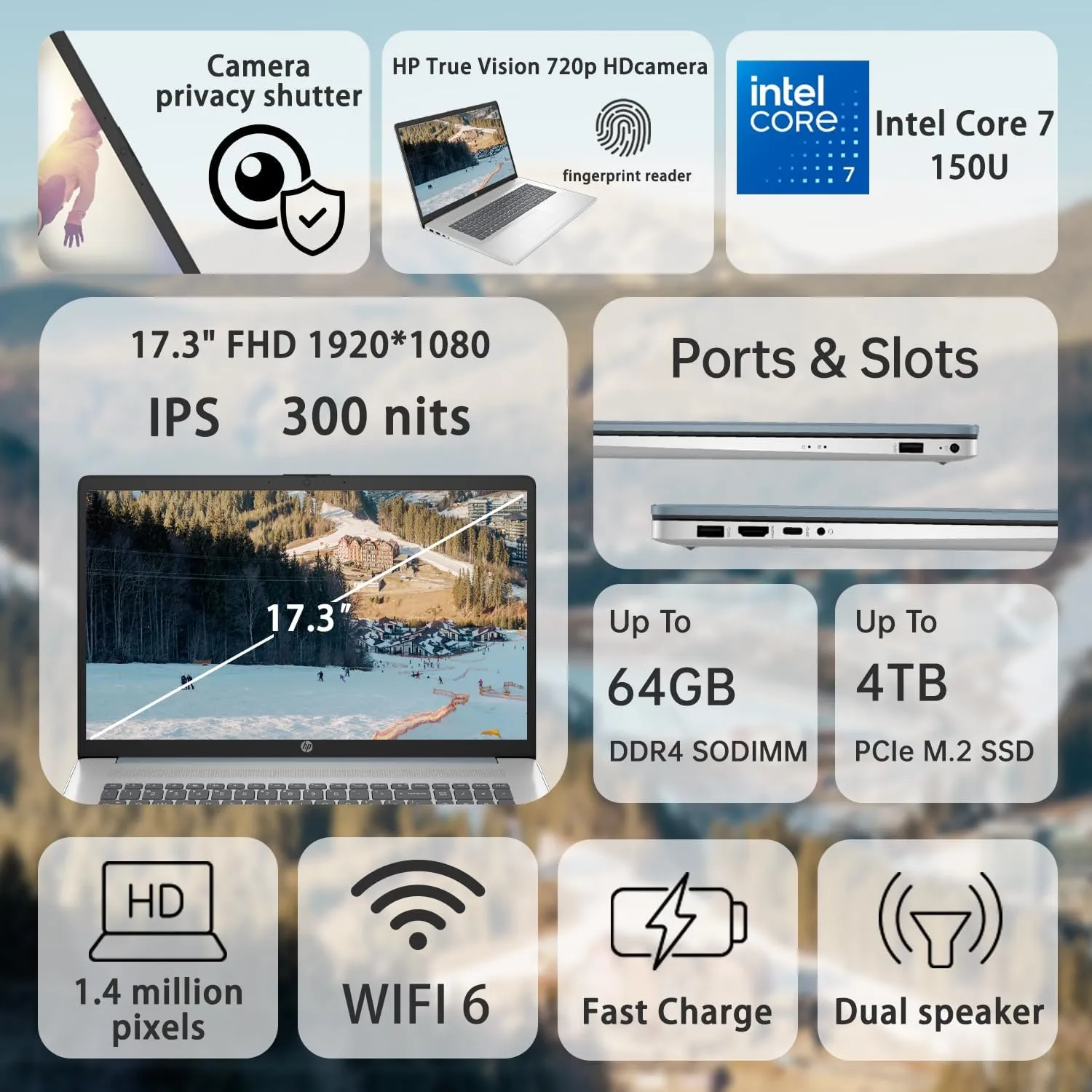 HP 2025 Essential Laptop, 17.3" FHD, Intel Core 7 150U (Up to 5.4 GHz), 64GB RAM, 2TB SSD, Fingerprint Reader, Backlit Keyboard, Wi-Fi 6, Win 11 Pro, Blue, Bundle with ADATA 512 External SSD