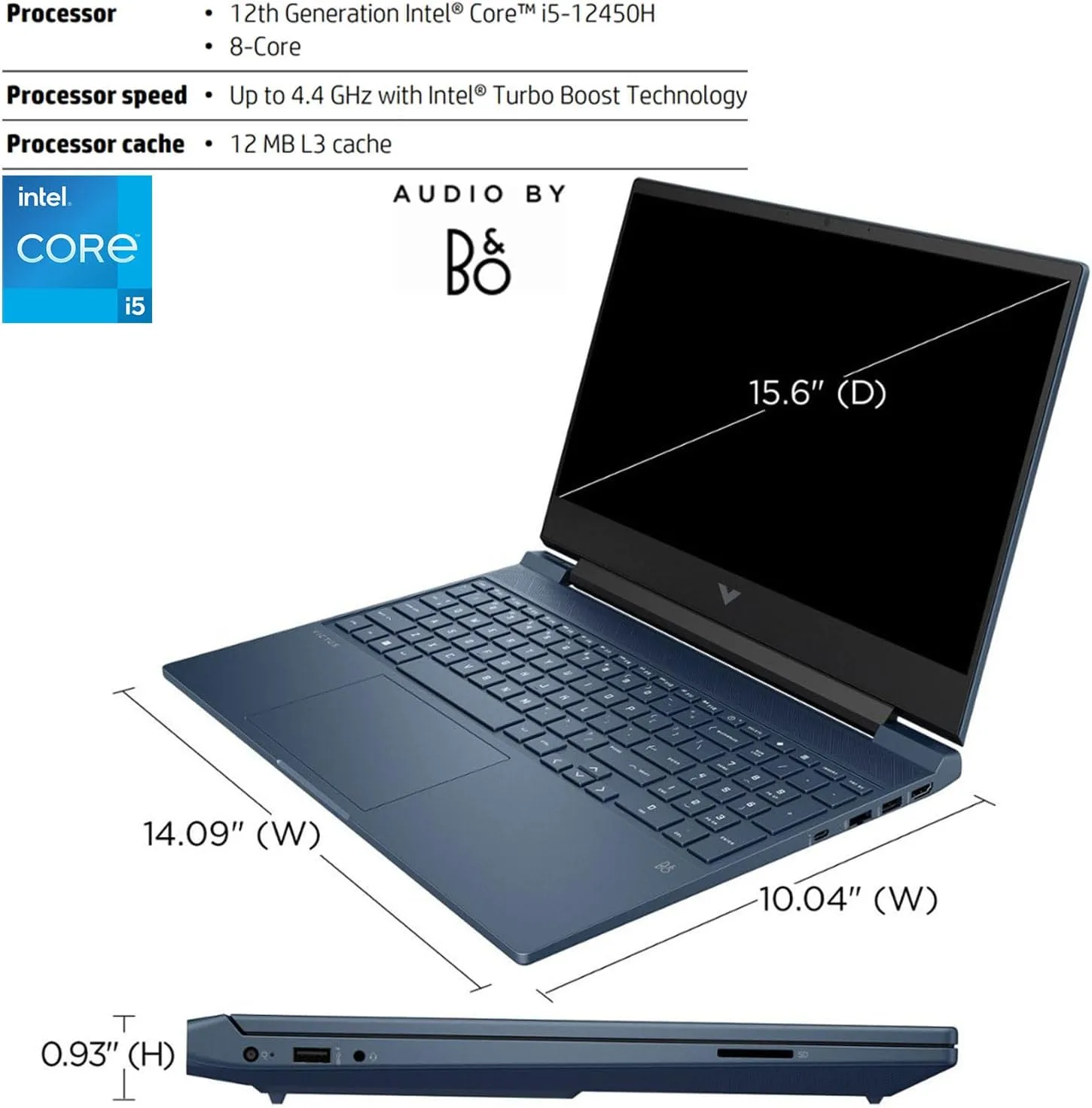 HP Victus 15.6 i5 Gaming Laptop, 15.6" FHD 1920*1080 144Hz, Intel Core i5-12450H, NVIDIA GeForce RTX 3050, 32GB RAM, 1TB SSD, Backlit KB, Touchpad, SD Card Reader, Webcam, HDMI, Wi-Fi 6, W11 H, Blue