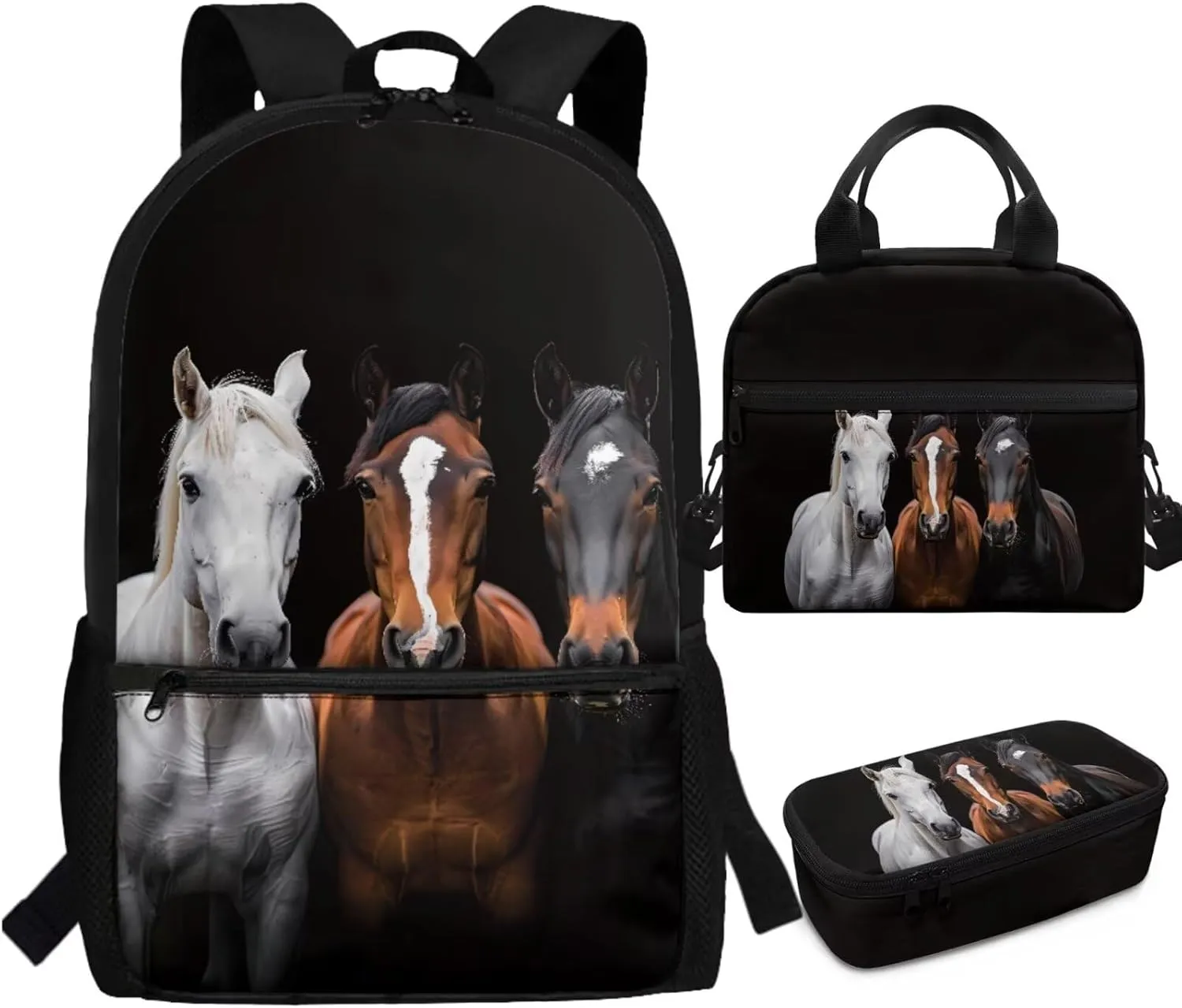 HUGS IDEA 3d Horse Backpack for Kids School Backpack Set for Boys 3Piece Schoolbag Set with Lunchbox Pencil Case Lightweight Kids Book Bags for Boys 10-12 Kids Casual Daypack Rucksack