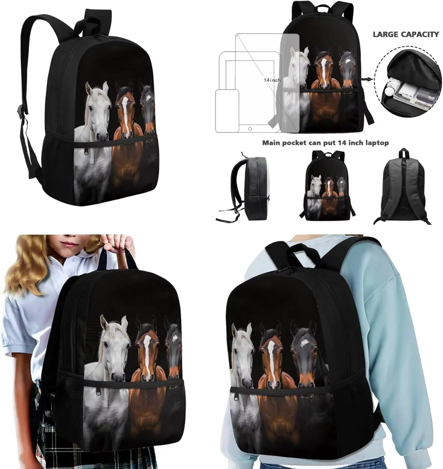 HUGS IDEA 3d Horse Backpack for Kids School Backpack Set for Boys 3Piece Schoolbag Set with Lunchbox Pencil Case Lightweight Kids Book Bags for Boys 10-12 Kids Casual Daypack Rucksack