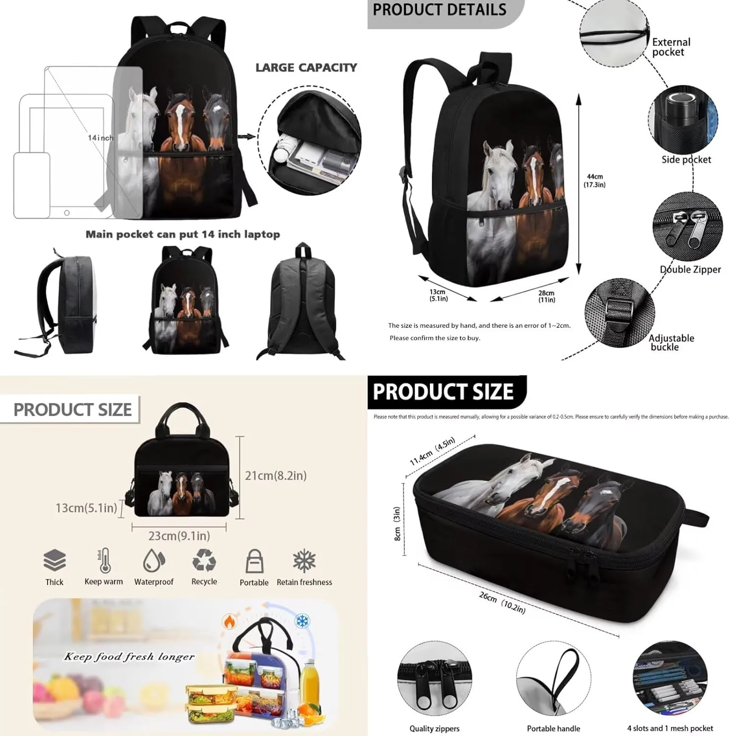 HUGS IDEA 3d Horse Backpack for Kids School Backpack Set for Boys 3Piece Schoolbag Set with Lunchbox Pencil Case Lightweight Kids Book Bags for Boys 10-12 Kids Casual Daypack Rucksack