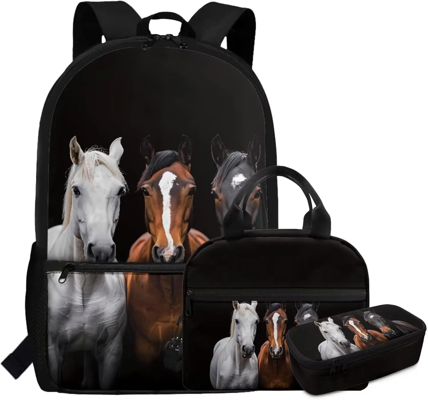 HUGS IDEA 3d Horse Backpack for Kids School Backpack Set for Boys 3Piece Schoolbag Set with Lunchbox Pencil Case Lightweight Kids Book Bags for Boys 10-12 Kids Casual Daypack Rucksack