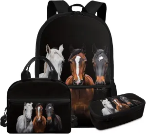 HUGS IDEA 3d Horse Backpack for Kids School Backpack Set for Boys 3Piece Schoolbag Set with Lunchbox Pencil Case Lightweight Kids Book Bags for Boys 10-12 Kids Casual Daypack Rucksack