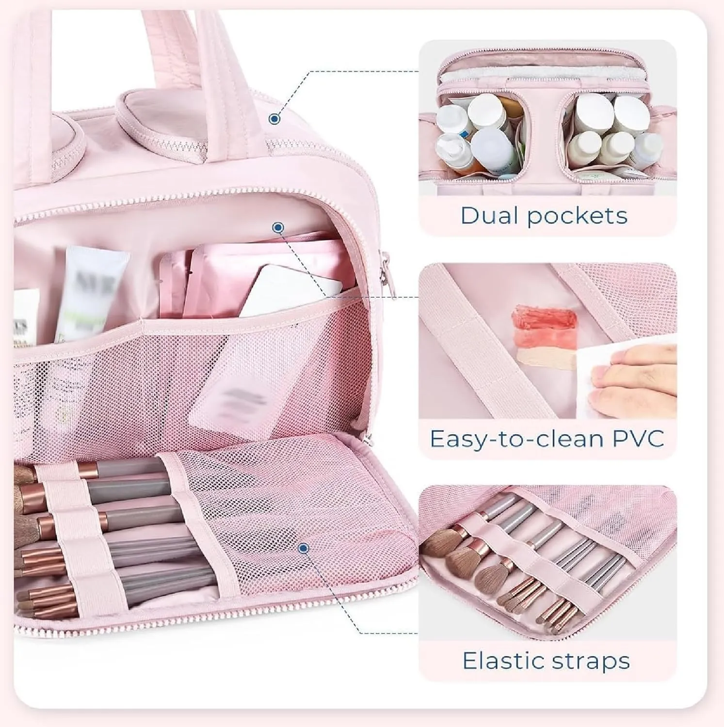Humidity Travel Cosmetic Bag,Humidityt Large Capacity Wide-Open Travel Cosmetic Bag,0.6lb Lightweight Large Wide-open Bag With Handle for Journey,Toiletries,Essentials (Pink)