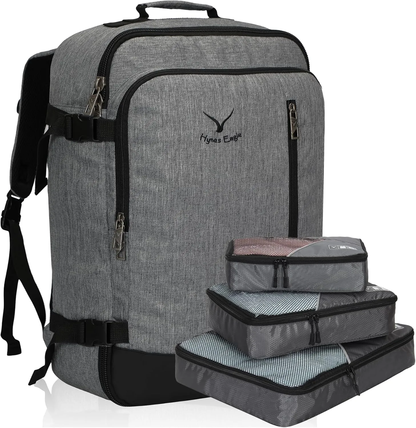 Hynes Eagle Carry on Backpack 38L Large Travel Backpack for Women Flight Approved Weekender Bag Laptop Backpack Men 15 inches Black Grey with 3PCS Packing Cubes Set Grey