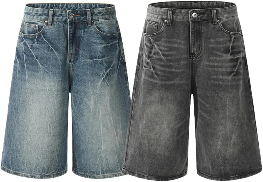 HZCX FASHION Mens Streetwear Jorts Baggy Wide Leg Denim Shorts Skateboard Long Jean Shorts below Knee 3/4 Capri Pants