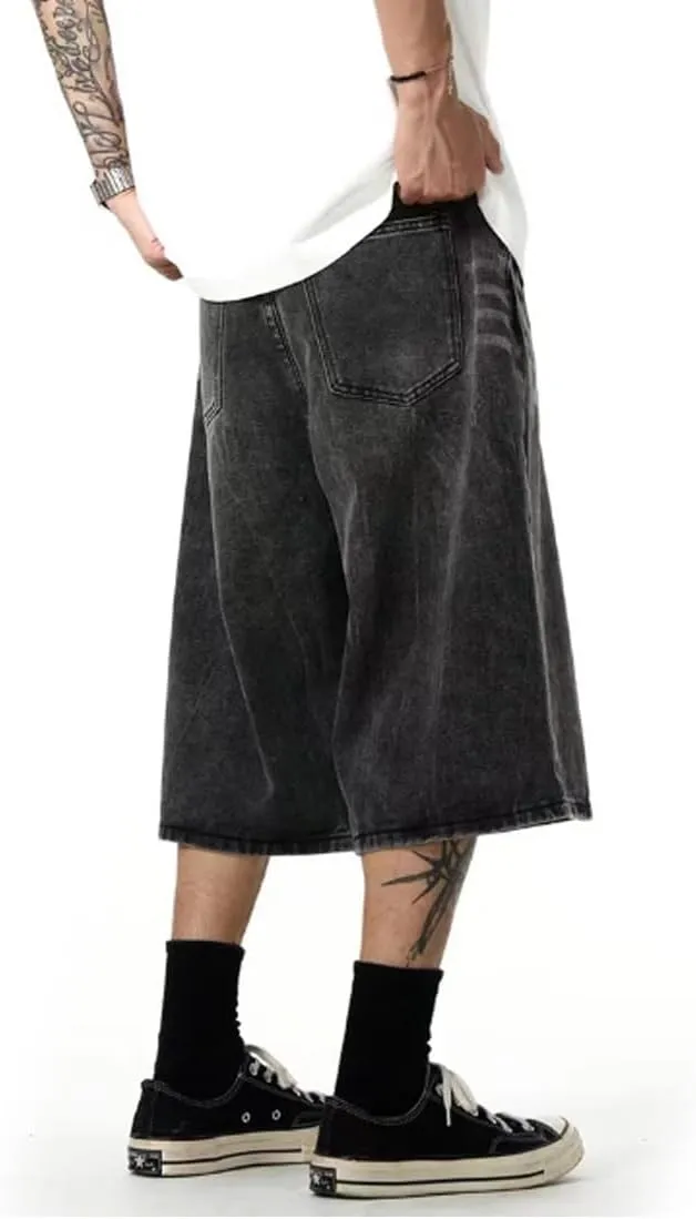 HZCX FASHION Mens Streetwear Jorts Baggy Wide Leg Denim Shorts Skateboard Long Jean Shorts below Knee 3/4 Capri Pants