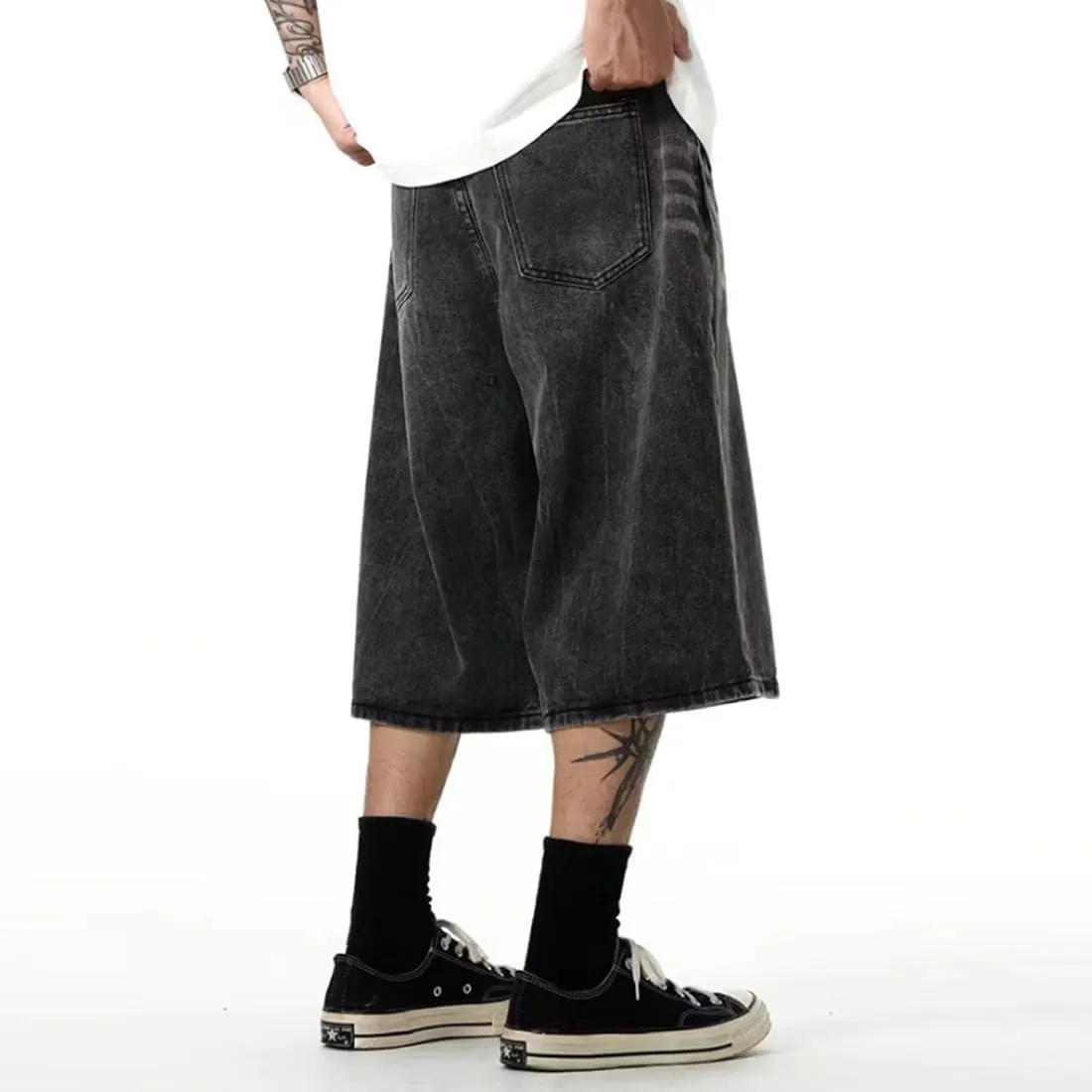 HZCX FASHION Mens Streetwear Jorts Baggy Wide Leg Denim Shorts Skateboard Long Jean Shorts below Knee 3/4 Capri Pants