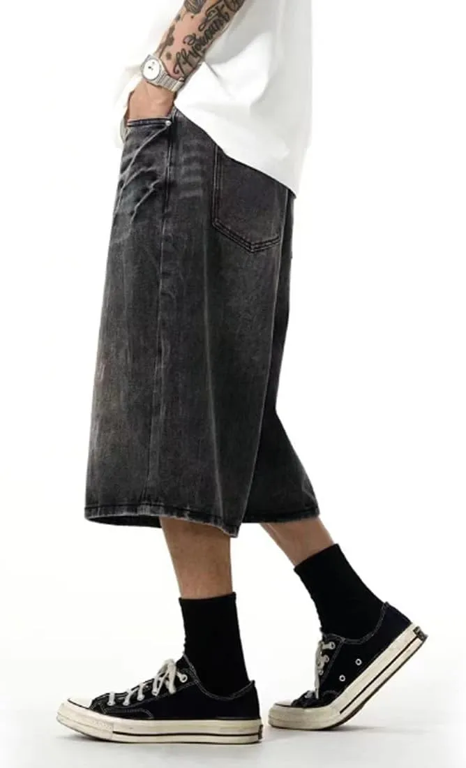 HZCX FASHION Mens Streetwear Jorts Baggy Wide Leg Denim Shorts Skateboard Long Jean Shorts below Knee 3/4 Capri Pants