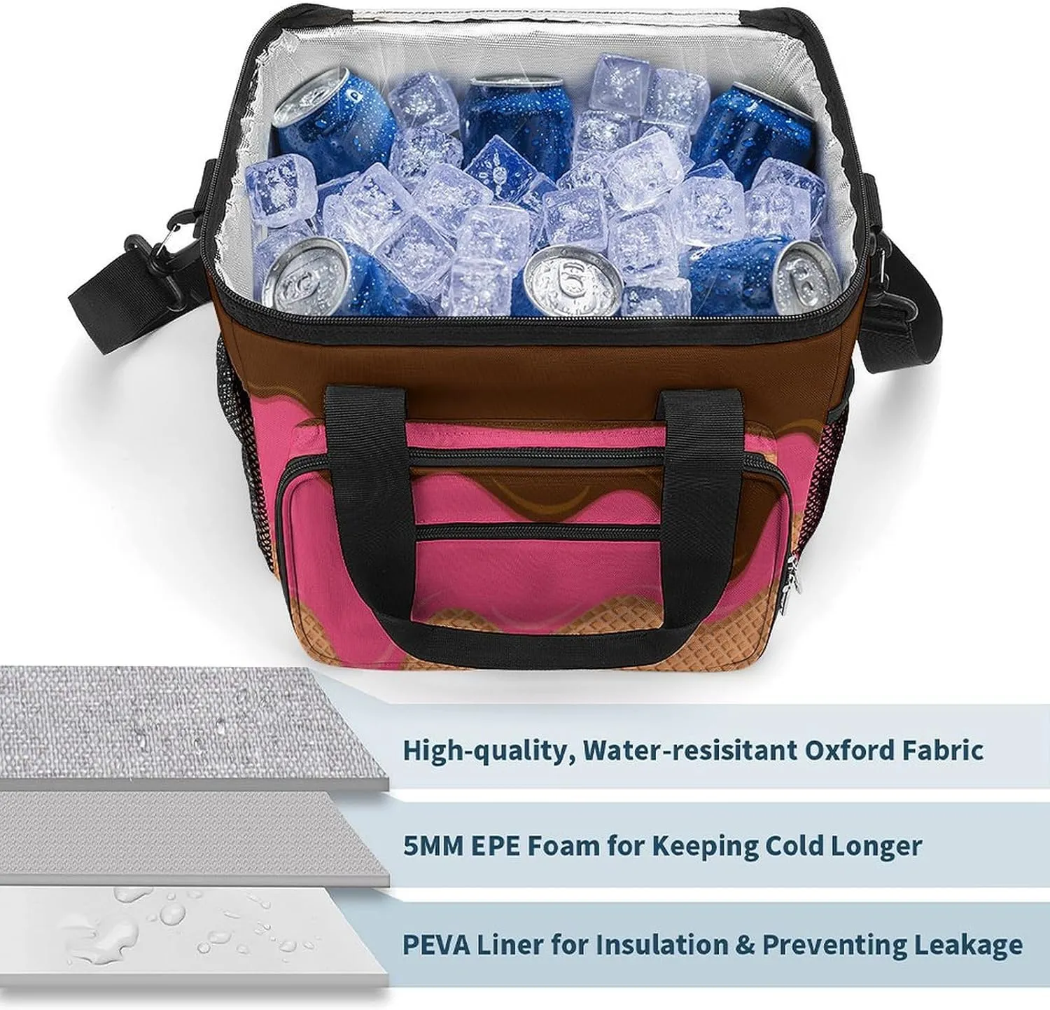 Ice Cream Melted Theme Portable 22.5L Soft Cooler Bag for Car Camping Candy Sprinkles Leakproof Ice Chest with Adjustable Strap Insulated Lunch Box for Work Hiking Picnic