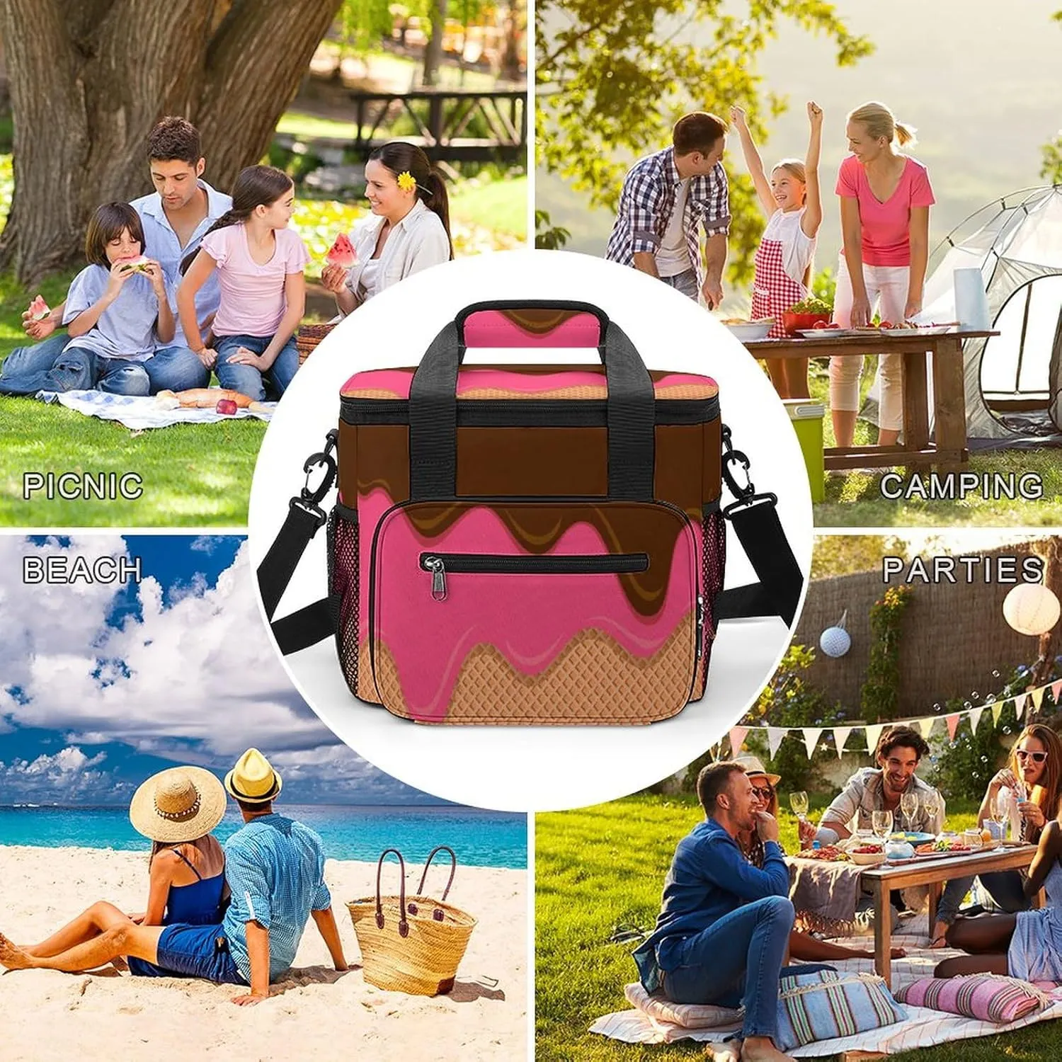 Ice Cream Melted Theme Portable 22.5L Soft Cooler Bag for Car Camping Candy Sprinkles Leakproof Ice Chest with Adjustable Strap Insulated Lunch Box for Work Hiking Picnic