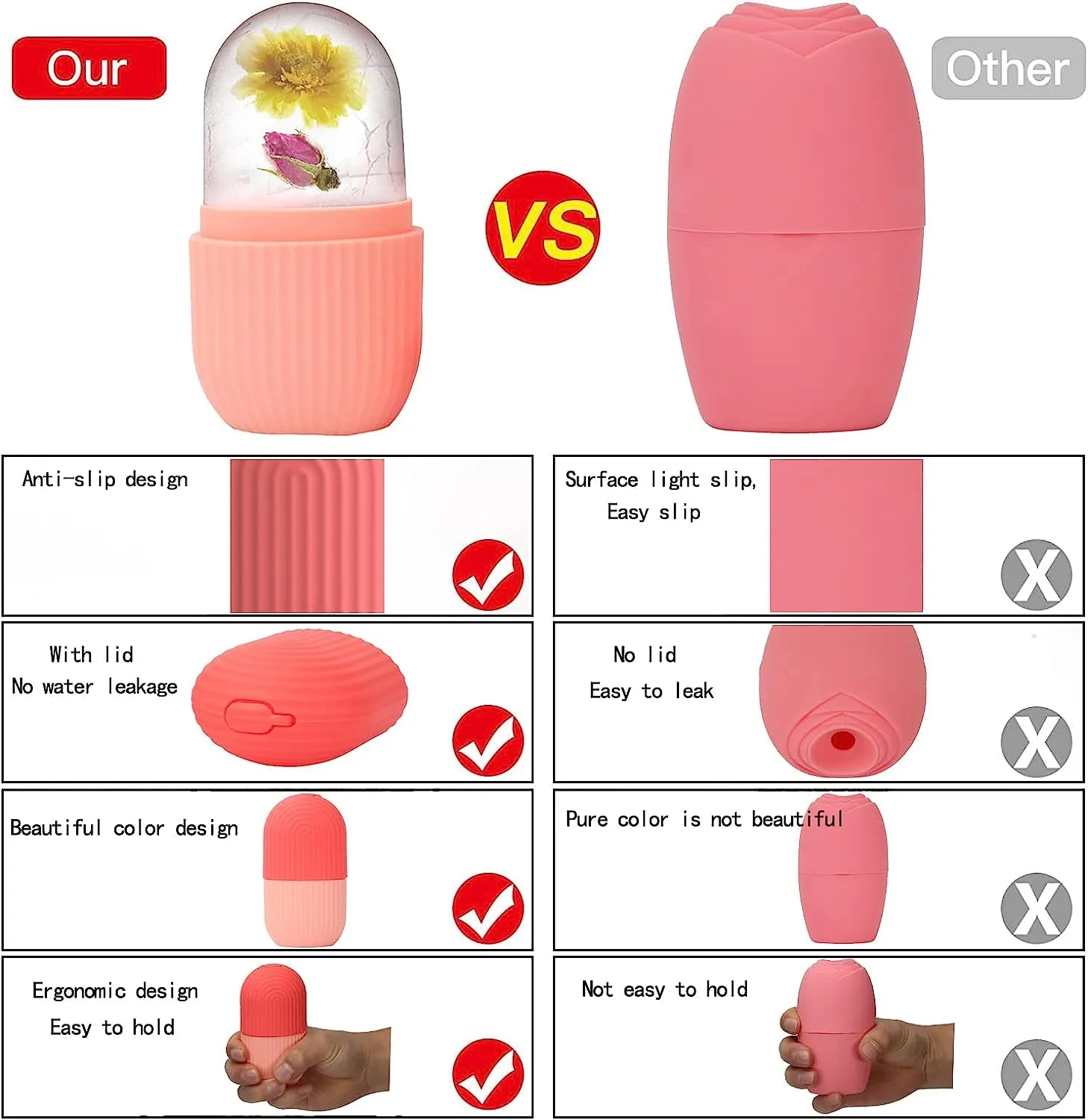 Ice Cube Roller Massager for Face, Eyes and Neck Naturally Conditioning and Skin Care,De-Puff Eye Bags,Reduce Migraine Pain,Reusable Massage Silicone Ice Mold (Pink)