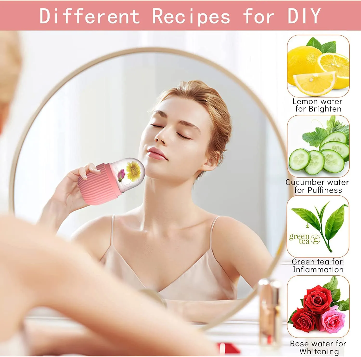 Ice Cube Roller Massager for Face, Eyes and Neck Naturally Conditioning and Skin Care,De-Puff Eye Bags,Reduce Migraine Pain,Reusable Massage Silicone Ice Mold (Pink)