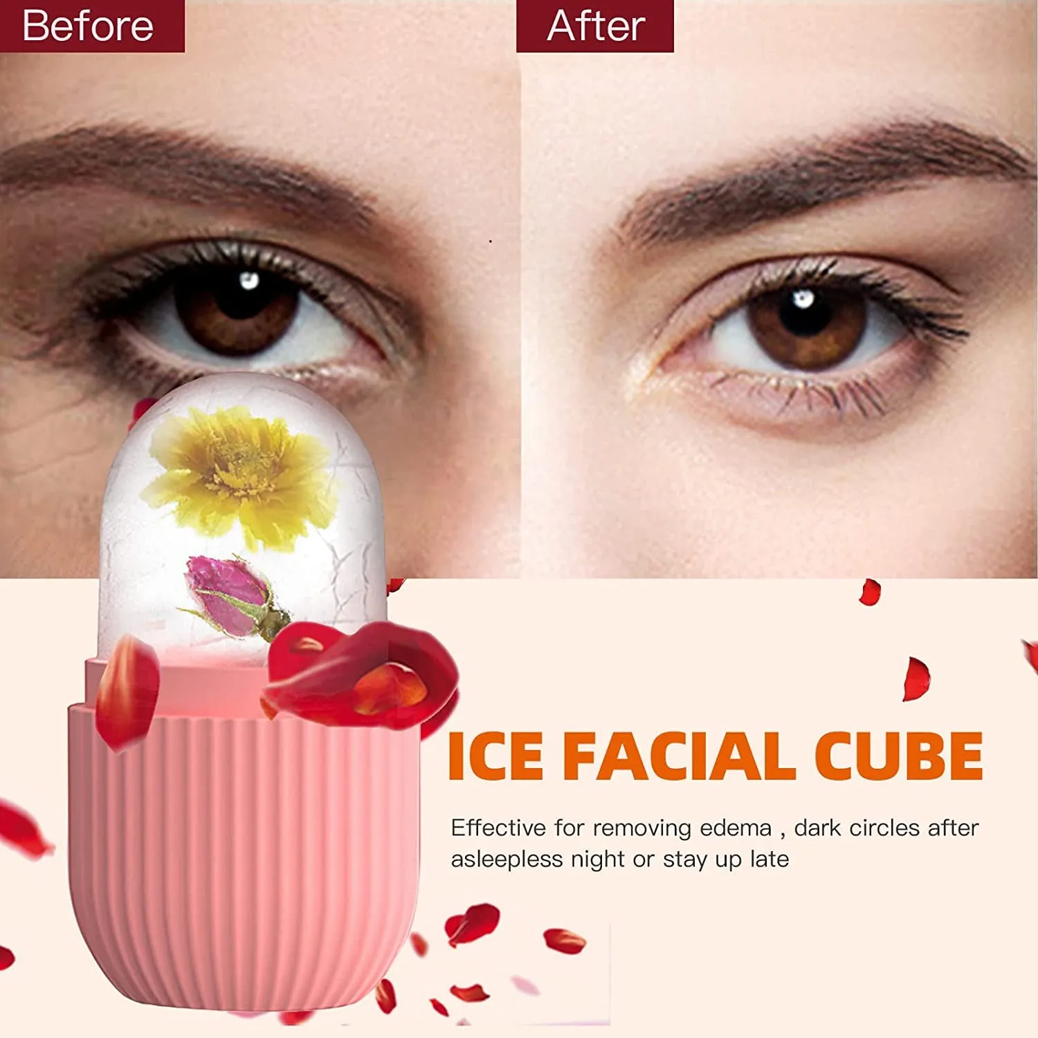 Ice Cube Roller Massager for Face, Eyes and Neck Naturally Conditioning and Skin Care,De-Puff Eye Bags,Reduce Migraine Pain,Reusable Massage Silicone Ice Mold (Pink)