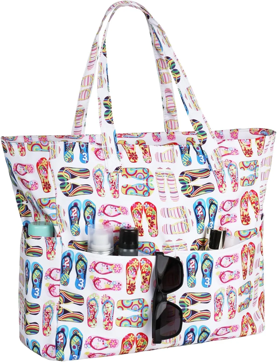 Iioscre Beach Bag for Women, Large Beach Tote Bag with Zipper Pockets, Waterproof Sandproof Swim Bag Pool Vacation Travel