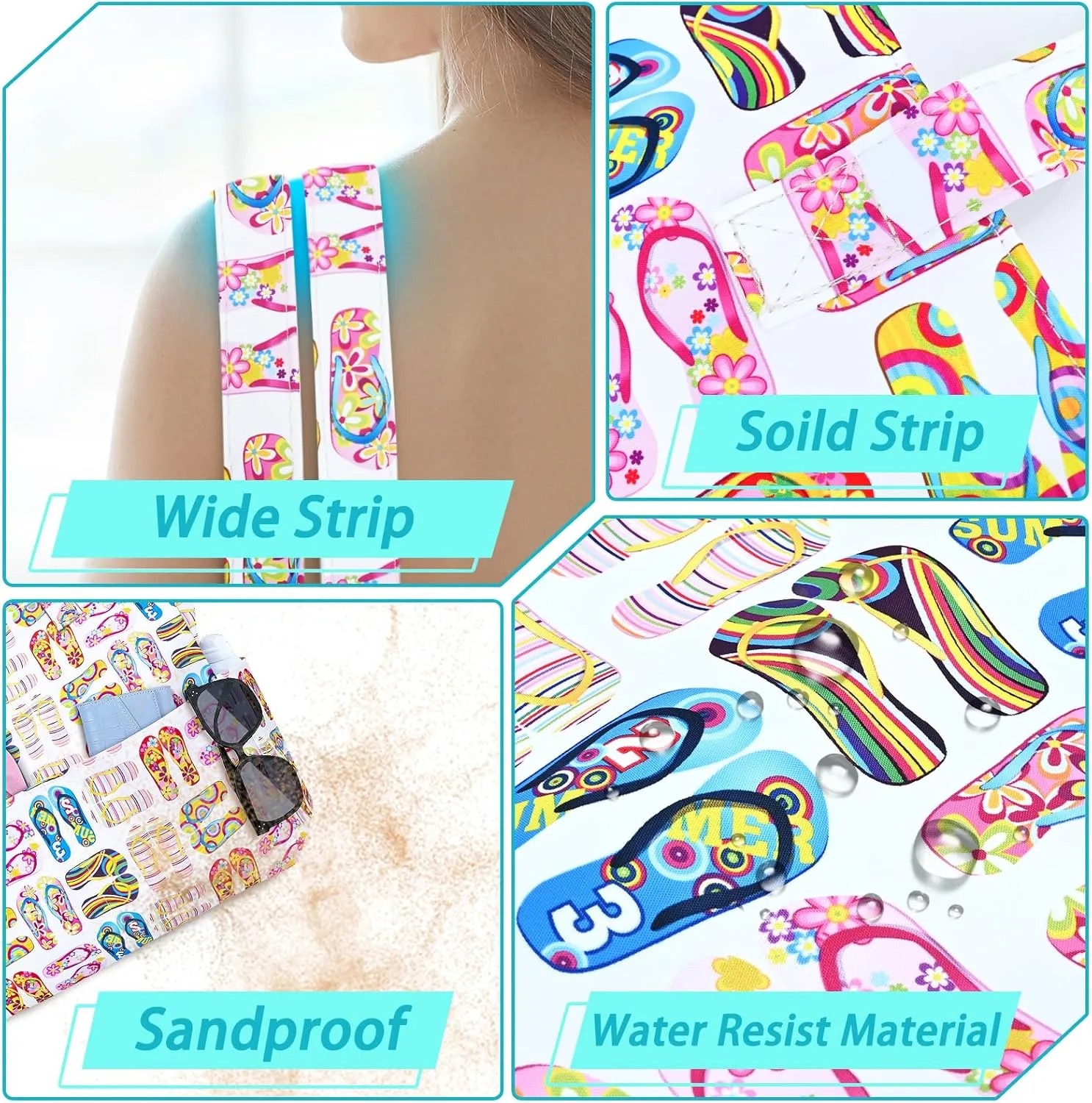 Iioscre Beach Bag for Women, Large Beach Tote Bag with Zipper Pockets, Waterproof Sandproof Swim Bag Pool Vacation Travel