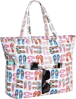 Iioscre Beach Bag for Women, Large Beach Tote Bag with Zipper Pockets, Waterproof Sandproof Swim Bag Pool Vacation Travel