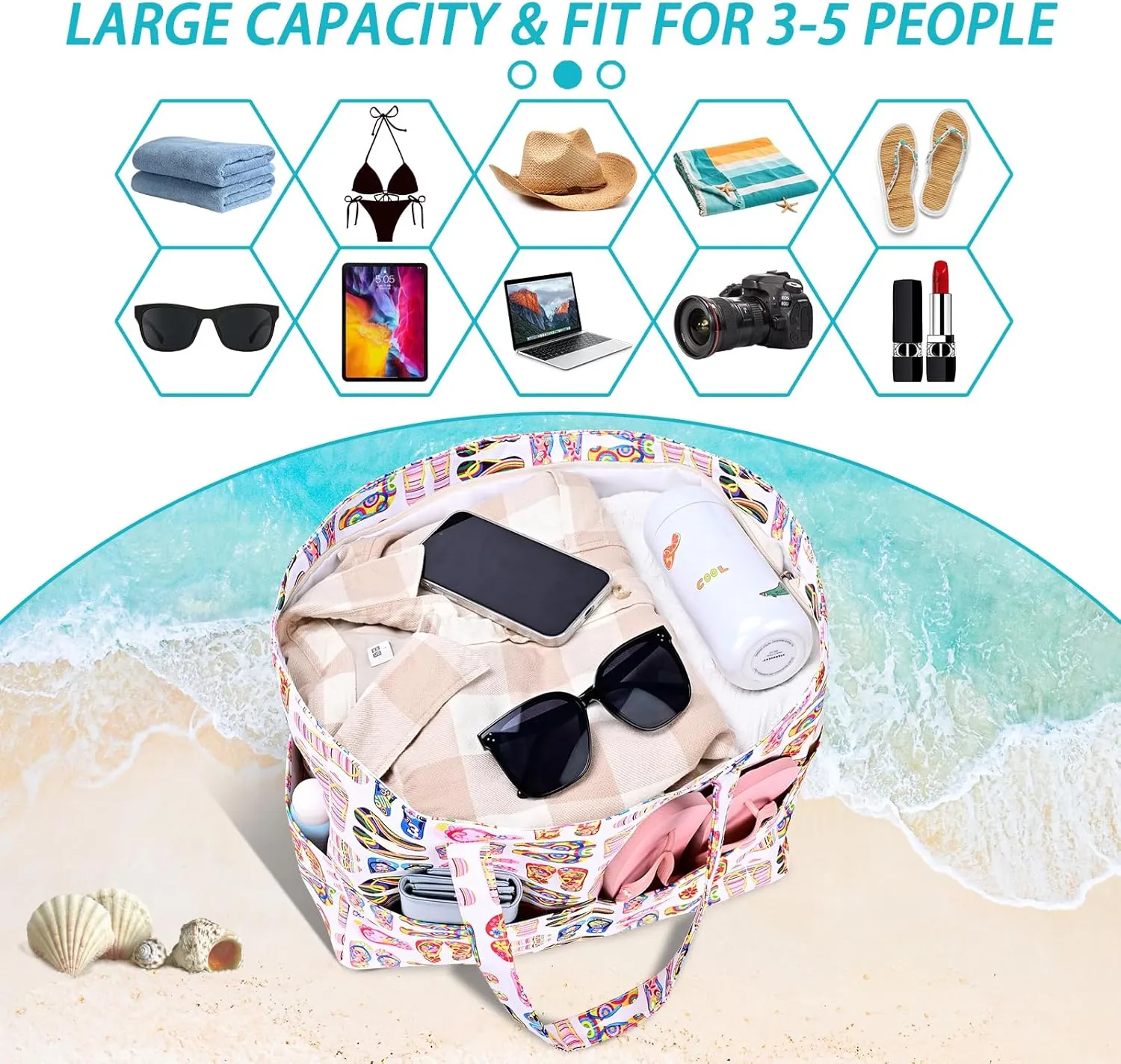 Iioscre Beach Bag for Women, Large Beach Tote Bag with Zipper Pockets, Waterproof Sandproof Swim Bag Pool Vacation Travel