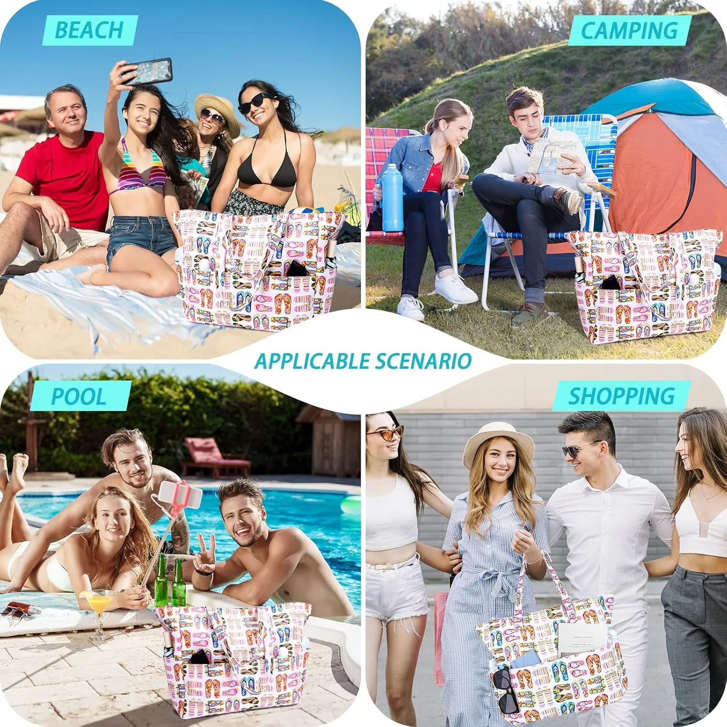 Iioscre Beach Bag for Women, Large Beach Tote Bag with Zipper Pockets, Waterproof Sandproof Swim Bag Pool Vacation Travel