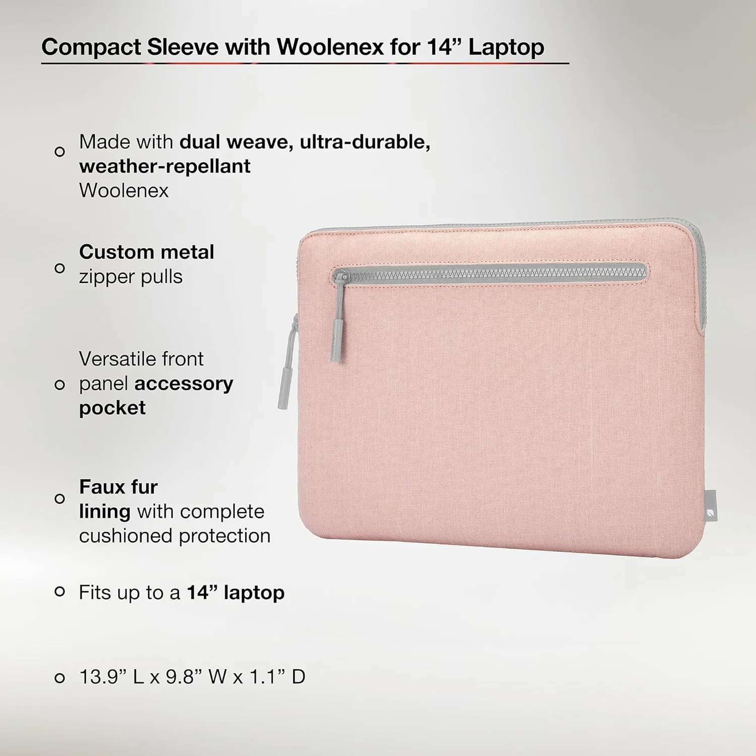 Incase Compact Laptop Sleeve with Woolenex - 14" MacBook/Laptop and iPad/Tablet Sleeve, Computer Case and Cover, Lightweight, Weather Resistant, with Slip Pocket for Accessories - Blush Pink