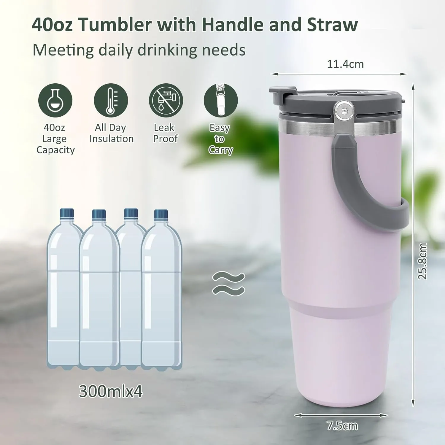 INDARUN 40 oz Insulated Stainless Steel Tumbler with Handle and Straw, Travel Mug for Women & Men